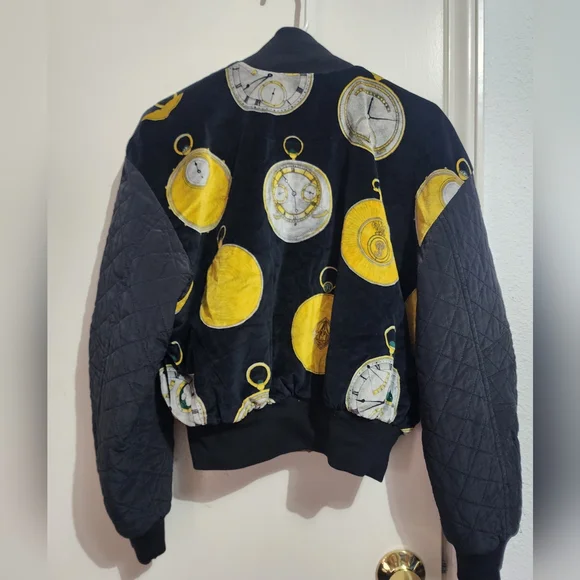 Escada Margaretha Ley Women Jacket M Vintage Velour Bomber Watch Print Black - Picture 2 of 11